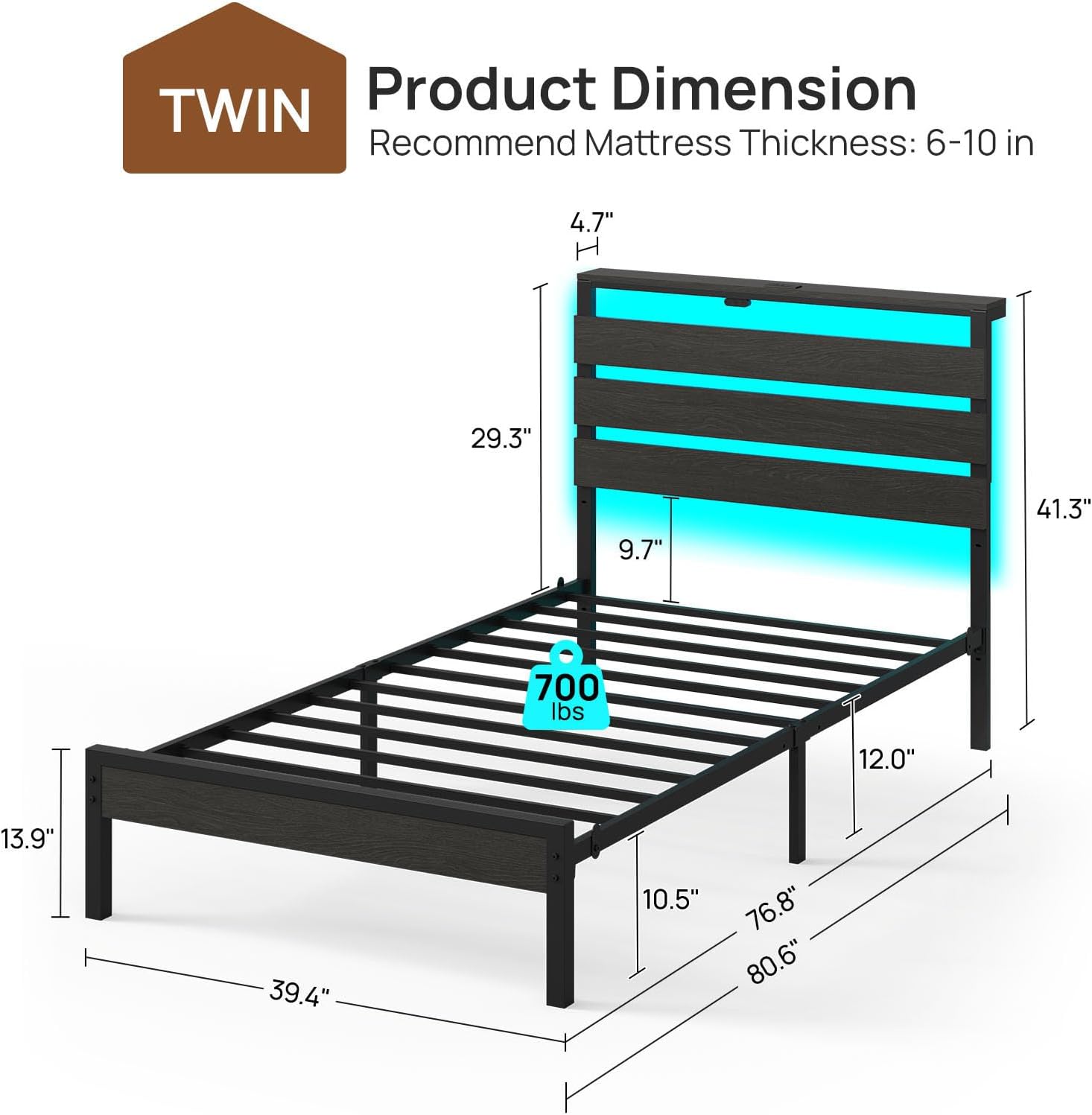Rolanstar Bed Frame Twin Size with USB Charging Station, LED Bed Frame with Wood Storage Headboard, Black Metal Platform Bed with Under Bed Storage, No Box Spring Needed, Noise Free