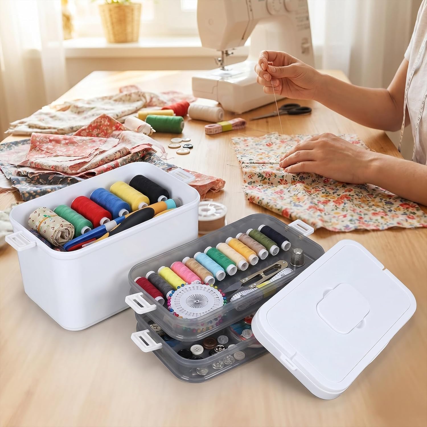 Sewing Box, 3-Layer Sewing Supplies Organizer, Sewing Storage with Lid and Handle, Sewing Kit Storage Box Empty, Plastic Sewing Basket for Sewing Accessories Scissors Thread Pins Clips Crafts