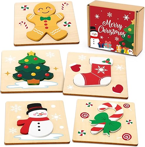 Rompecabezas de madera de Navidad rompecabezas de madera para niños pequeños desarrollo Montessori juguetes cesta regalos fiesta juego de 5