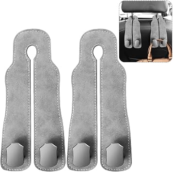 2-Pack Car Seat Back Double Hooks, Car Hooks for Headrest, Car Hooks Leather, Car Seat Back Storage Hook, Leather Car Seat Headrest Double Hooks for Bags, Purses, Handbags Storage AccessoriesGrey