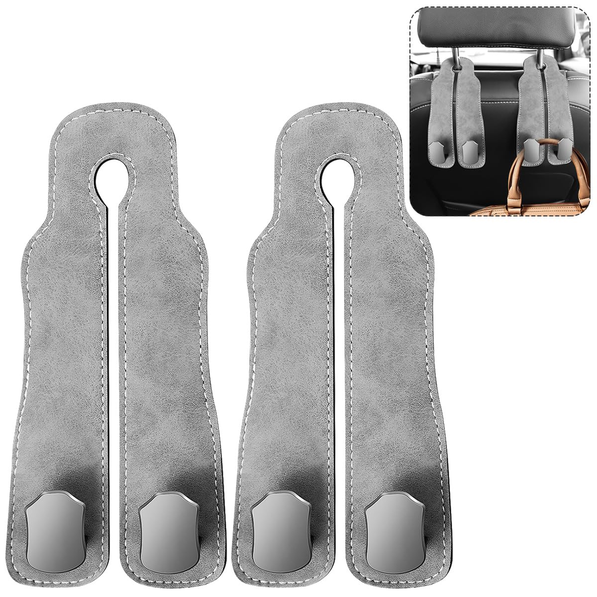 2-Pack Car Seat Back Double Hooks, Car Hooks for Headrest, Car Hooks Leather, Car Seat Back Storage Hook, Leather Car Seat Headrest Double Hooks for