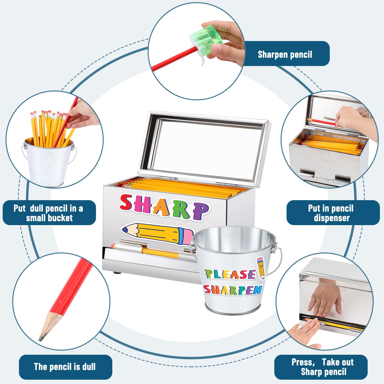Yaocom Dispensador de lápices de acero inoxidable con 2 calcomanías, pequeño cubo de metal con asa para almacenamiento de lápices a granel, profesores, suministros para el aula (plateado)