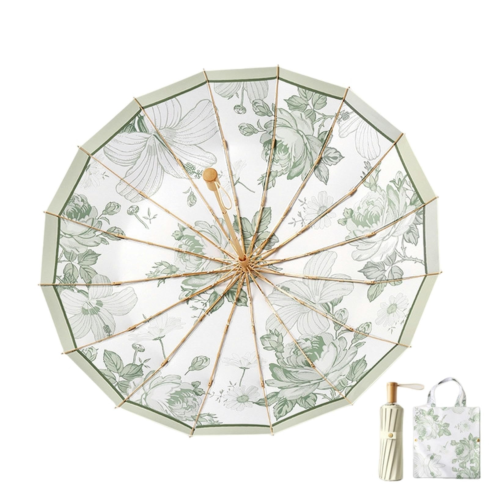 Sxuanmil Women's Light Green Umbrella Printed Parasol Sun Protection Uv Protection Sunny And Rainy Dual-Purpose Umbrella Retro Sun Umbrella