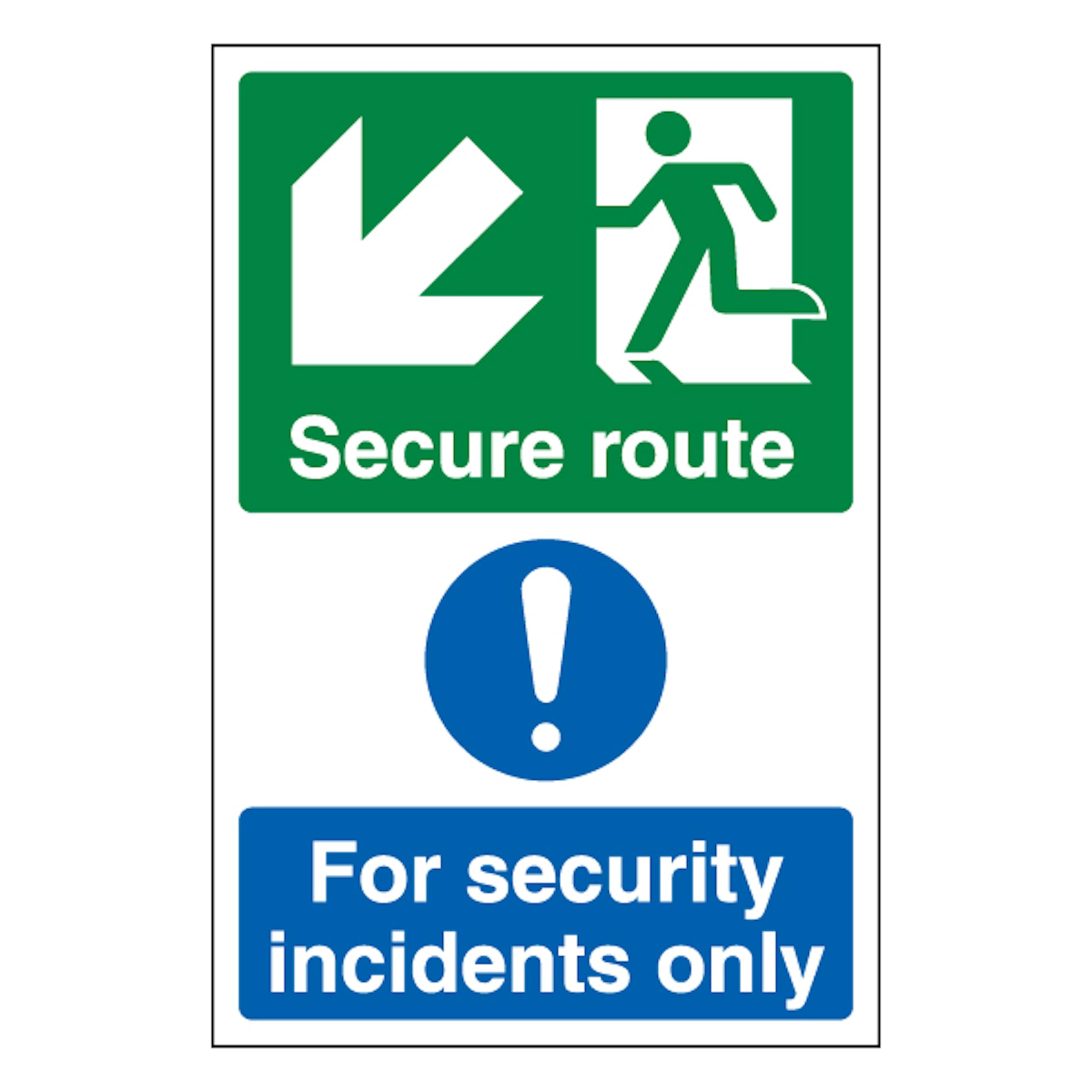 V Safety Secure Route Arrow Down Left/Security Incidents Only - Portrait 300 x 400mm - 1mm Rigid Plastic Safety Sign