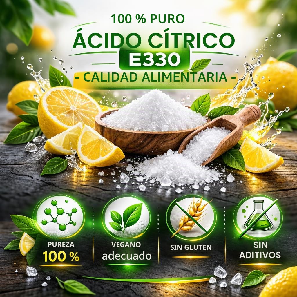 GiDeli Ácido cítrico de calidad alimentaria en polvo monohidrato 5000 g puro E330 cristales calidad de limpieza descalcificador acidulante sin azúcar en cubo resellable 5 kg