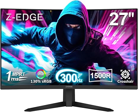 Z-Edge 27 inch Curved Gaming Monitor, FHD 1080P 300Hz 280Hz 240Hz Curved Monitor 1500R Computer Monitor, MPRT 1ms Monitor, 16.7M Colors, UG27S 2X DP 1.4 Ports and 2X HDMI 2.0 Ports