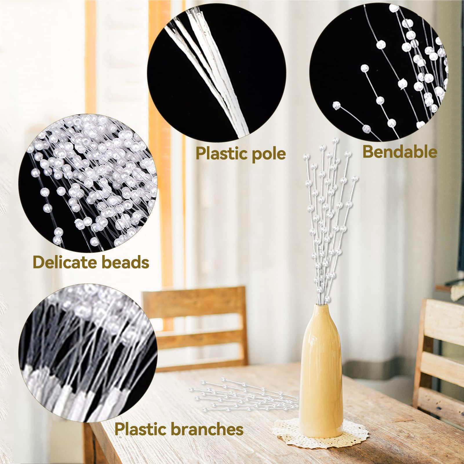 HERCHR Bouquet da Sposa, Perle bastoni per Albero di Natale Piccolo Vaso, 100 Pezzi Spray di Perle Steli di Perle Spray di Fiori per la Casa di Nozze Decorazione, Fiore Filo Perla Bianco Bouquet
