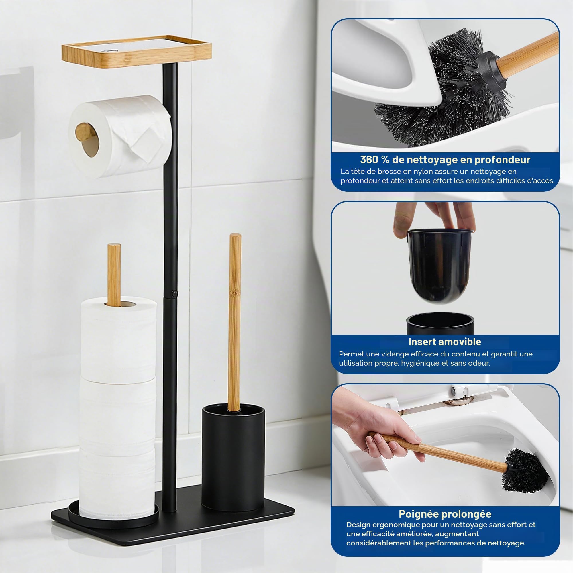 Porte Papier Toilette sur Pied avec Brosse WC Support Papier WC Rangement sans Percage pour 4 Rouleaux, Bois Noir, Carré
