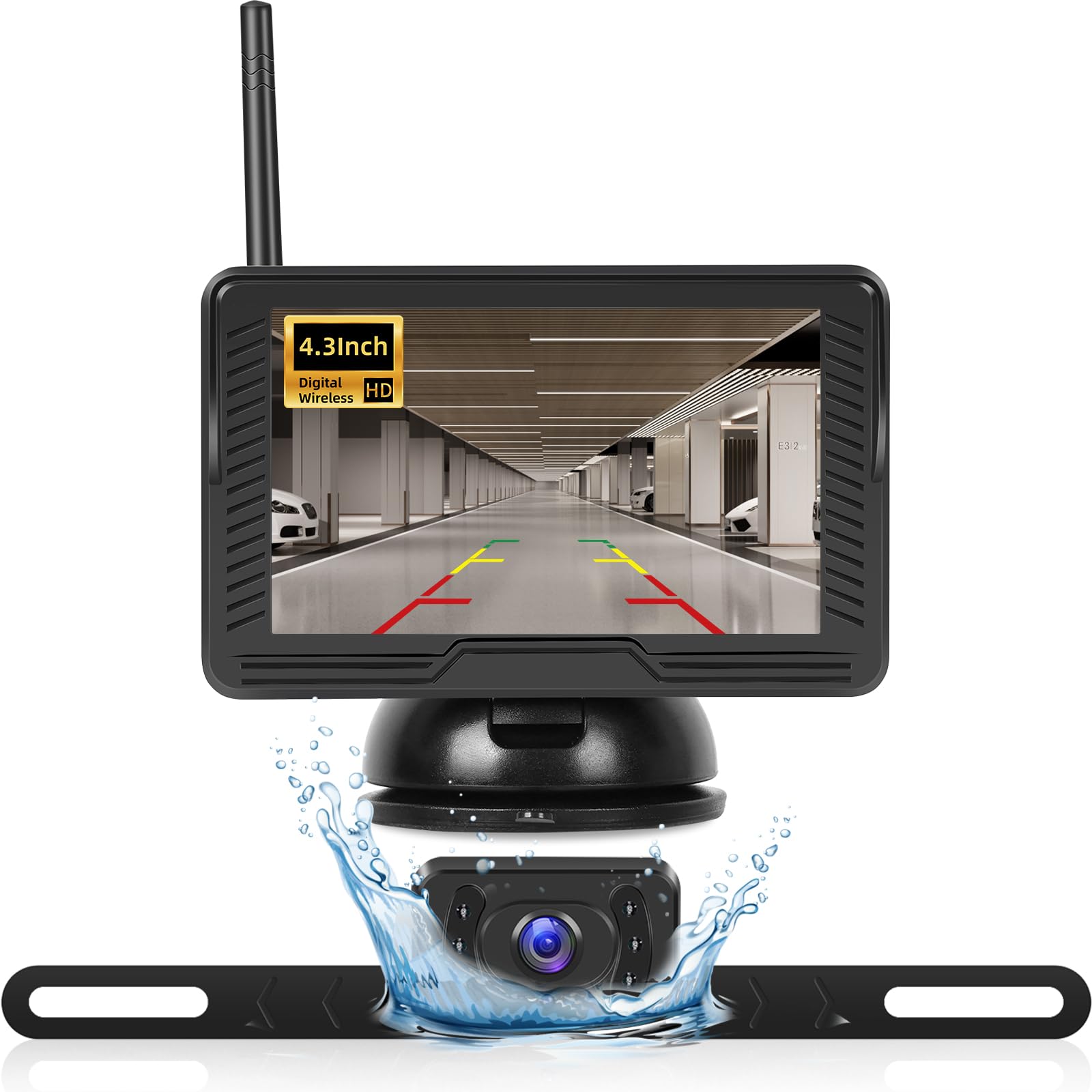 NHOPEEW 4.3'' Kit Telecamera di Retromarcia Senza fili con monitor IPS da 4,3 pollici - Telecamera di Retromarcia Impermeabile IP69 con Visione Notturna per Auto Camion Camper e Rimorchi