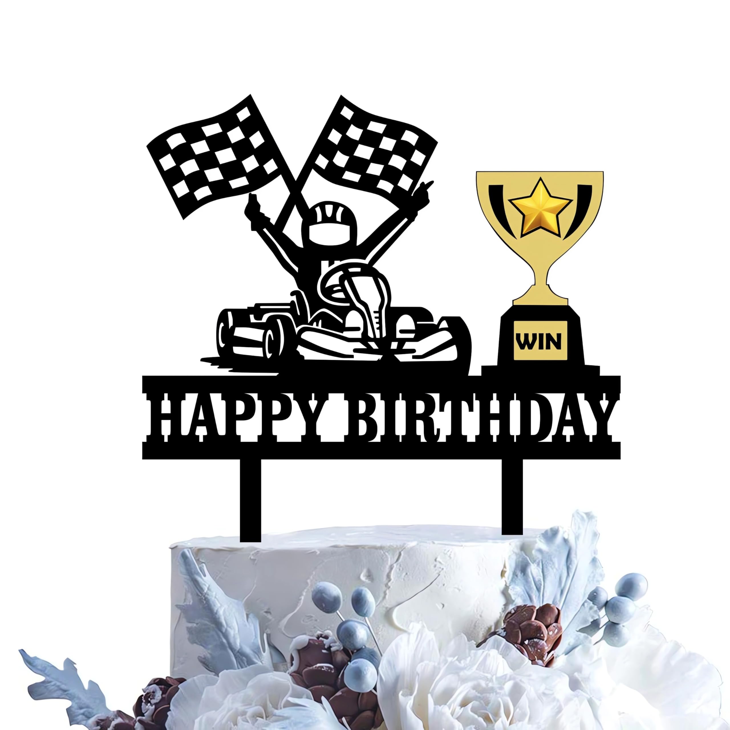 Karts Race Birthday Cake Topper Go Karting Cake Decor Go Kart Theme Cake Decoration Race Flags Cake Ornament Racing Car Checkered Flag Birthday Cake Topper