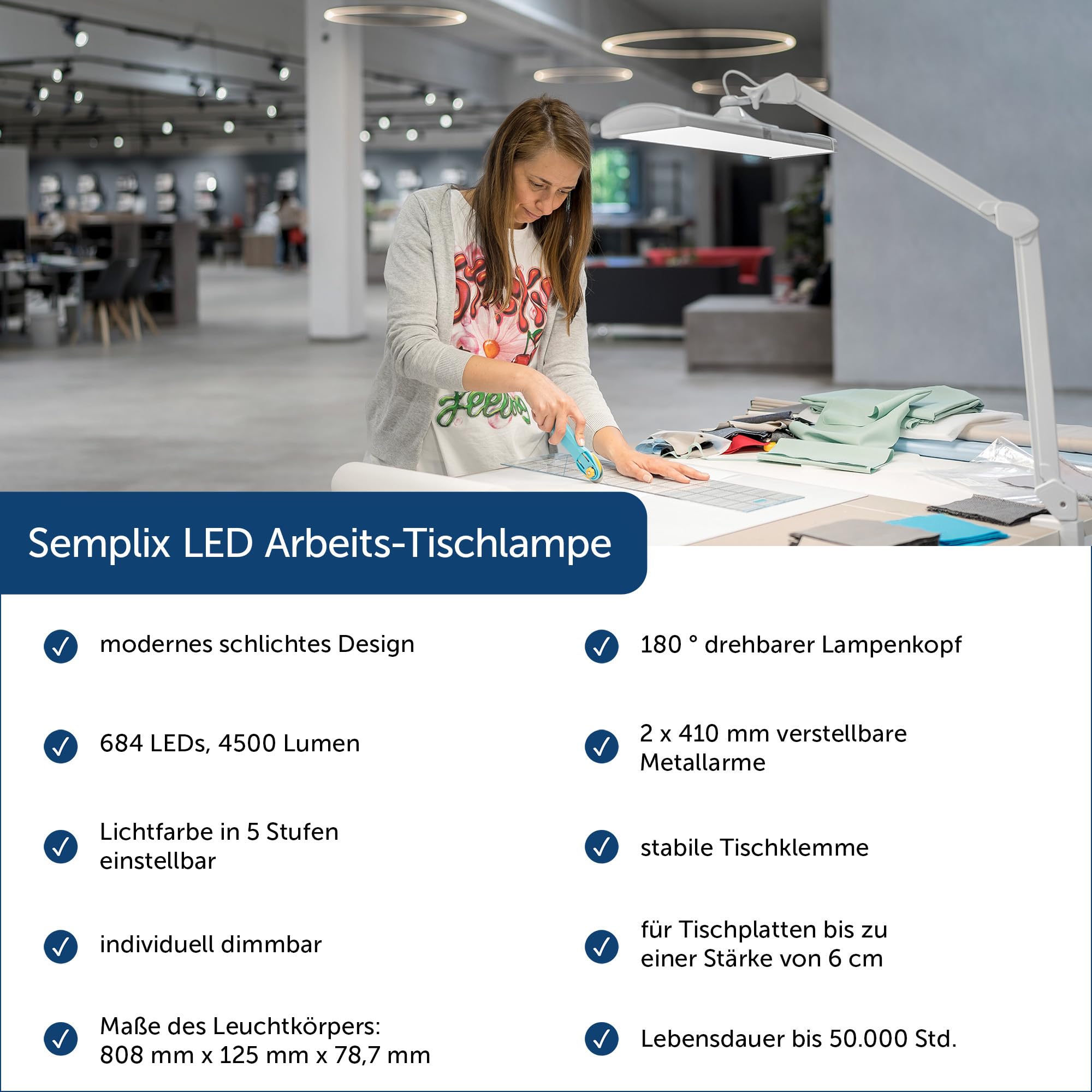SEMPLIX LED Arbeits-Tischlampe (684 LED/dimmbar/Tischklemme)