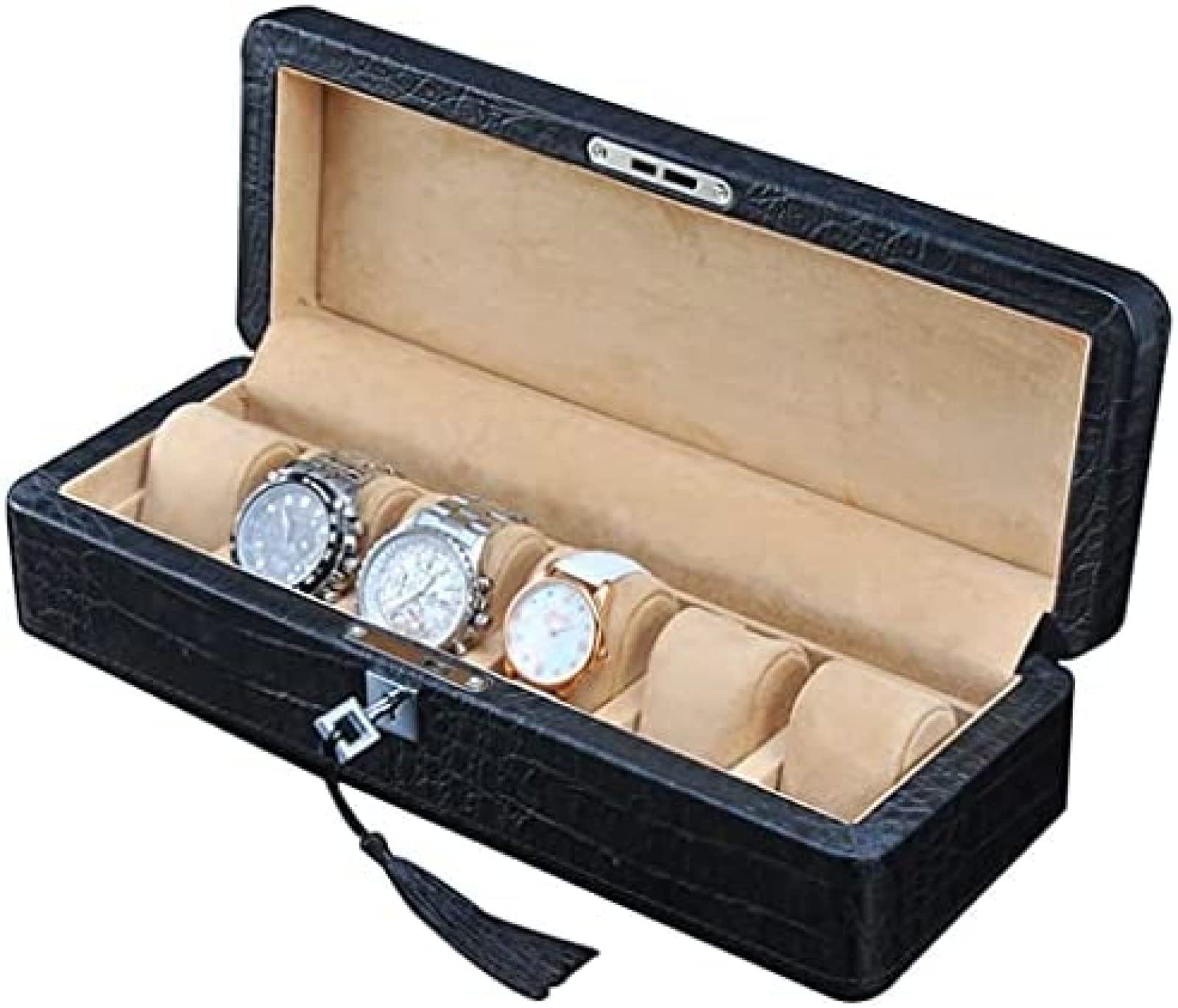 YNBSHGAA 6-Slot Leather Watch Box Watch Display Cabinet Storage Case Glass Cover Jewelry Storage Box for Friends,Black,31.5×9×2.3cm