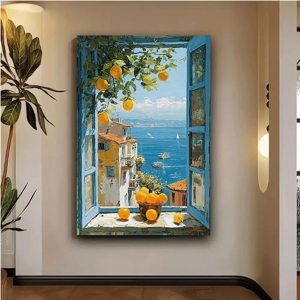 Cuadro de ventana al mar con limoneros de 70x100cm sin marco para salón
