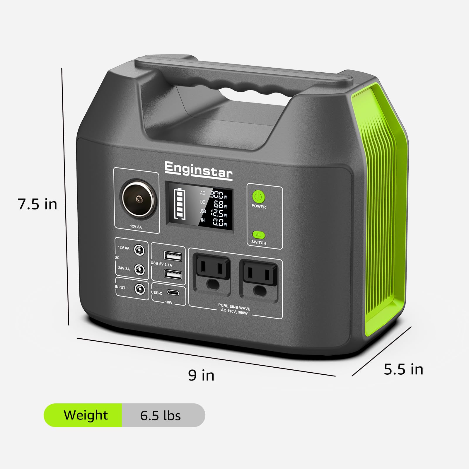 EnginStar Generatore solare, stazione di alimentazione portatile, batteria al litio da 300 W, 296 Wh con due uscite sinusoidale da 110 V, per campeggio, viaggi
