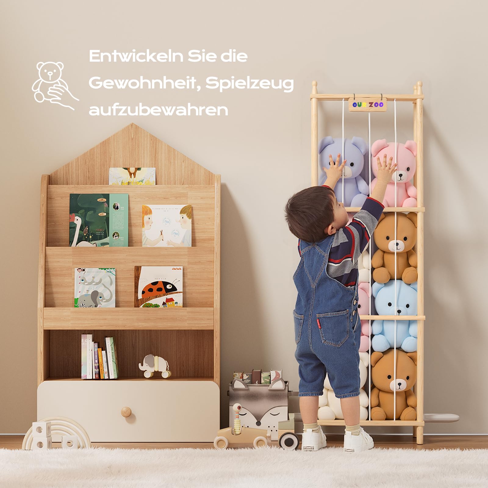 Holz Kuscheltier Aufbewahrung, Ahatstor Stofftier Aufbewahrung Stabil & Langlebig, Platz Sparen Stuffed Animal Storage für Spielzimmer, Kinderzimmer, Schlafzimmer, Wohnzimmer