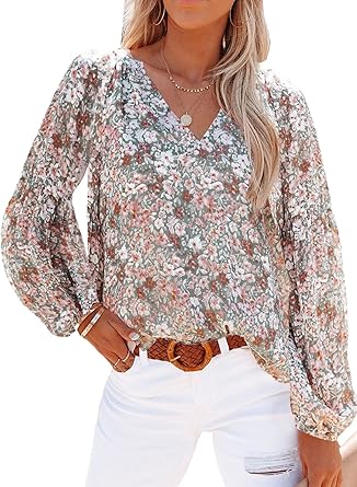 TUREAU Womens Casual Boho Floral Print Blouses V Neck Long