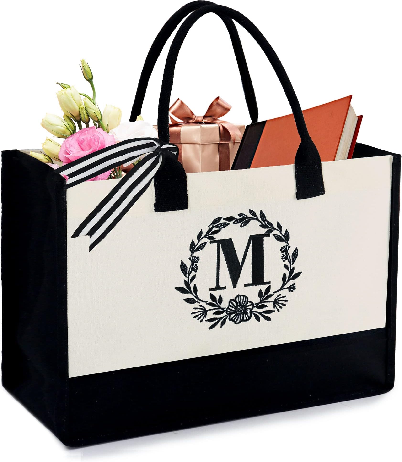 BeeGreen Monogram Initial Canvas Bag with Inner Zipper Pocket Embroidery Personalized Tote for Mom Teacher Friend