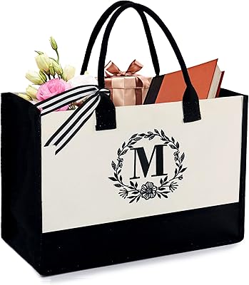 BeeGreen 13OZ Canvas Initial Tote Bag with Zipper Pocket Embroidery Monogrammed Personalized Birthday Gifts for Women