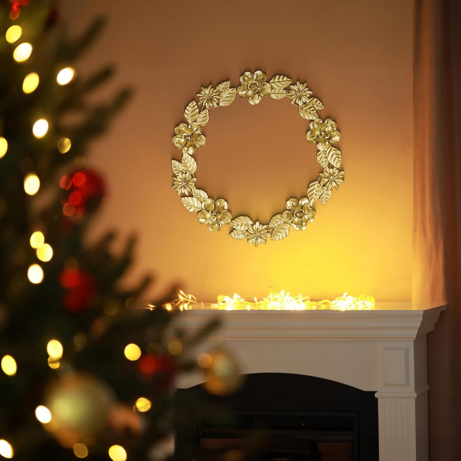 Gold Metal Wreath Wall Decor, 16.5'' Artificial Wreaths for Front Door, Large Round Gold Foil Door Wreath with Flower and Leaf for Christmas, Window, Wedding, Party Decoration