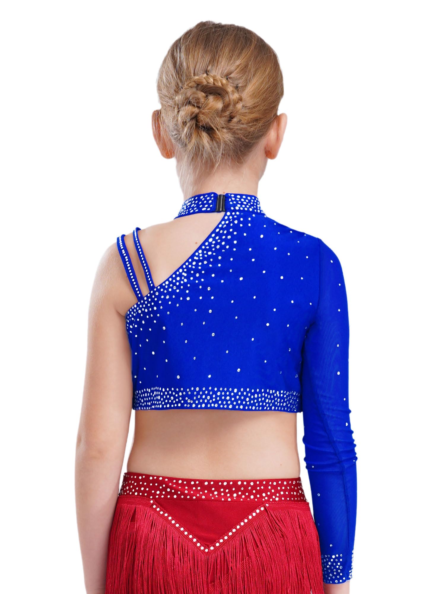 Sxiwei Enfant Fille Robe Danse Moderne Jazz Haut Une Epaule Strass avec Jupe Short Tenue Danse Latine Samba Salsa Costume Patinage Gymnastique
