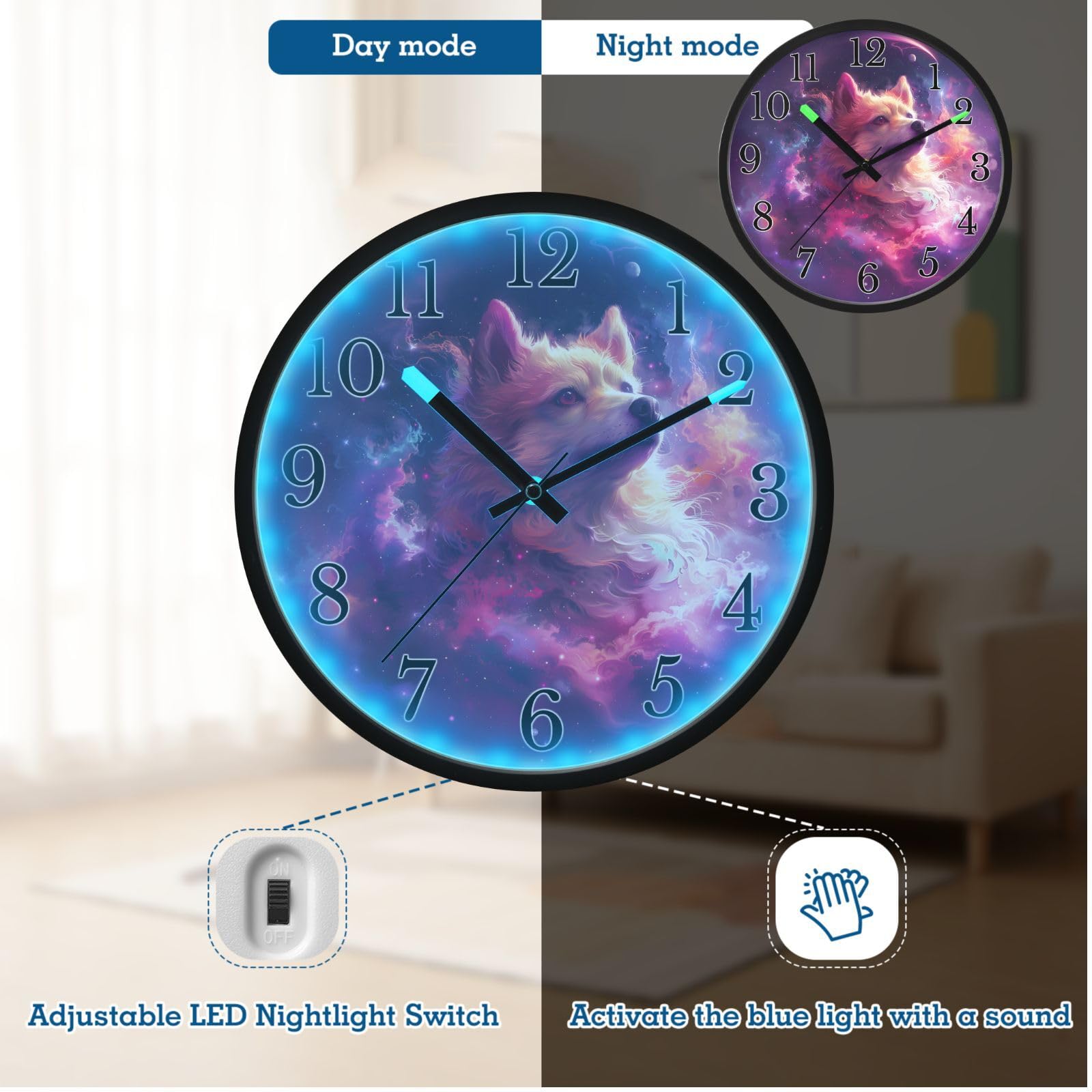 Mnsruu Reloj de pared luminoso cósmico Doge Galaxy, reloj de dormitorio, funciona con pilas, reloj silencioso que brilla en la oscuridad, para sala de estar, cocina, 30,5 cm