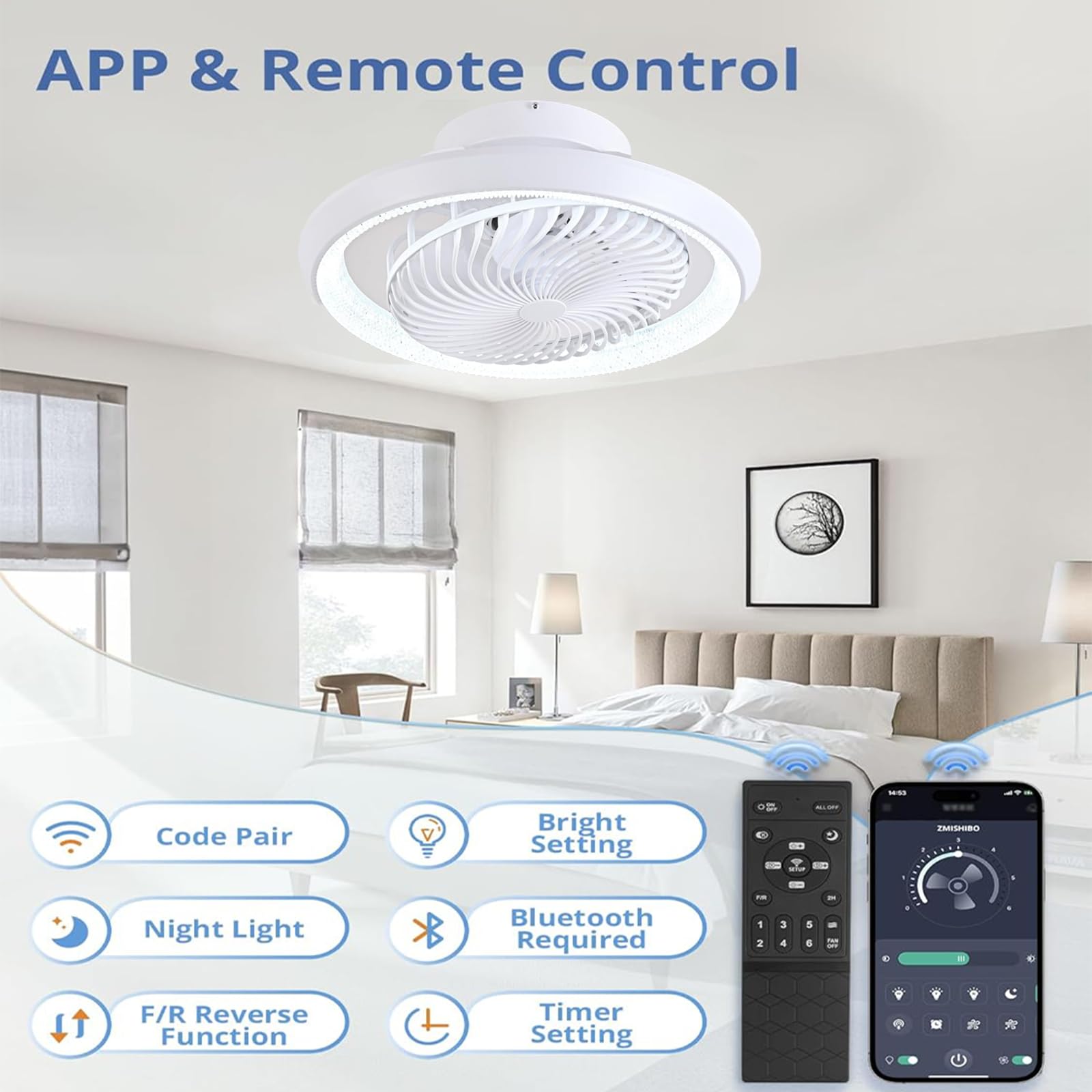 49cm Ventilatore da Soffitto con Luce e Telecomando, Silenzioso Lampadario Ventilatore LED, Rotante a 360°, 6 velocità, 72W Plafoniera con Ventilatore per Camera da Letto Soggiorno, Bianco
