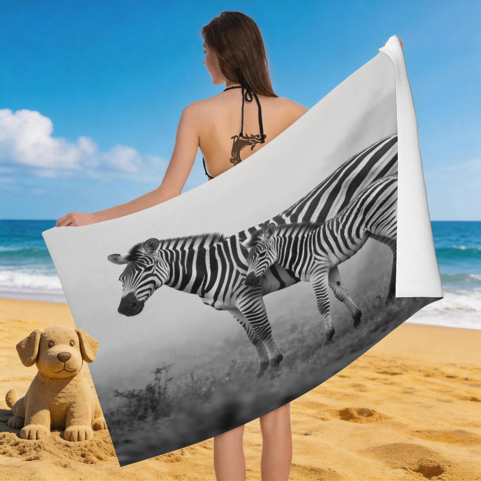 Leichong Men's Black & White 3D Black And White Zebra Beach Towel Microfiber Soft Quick Dry For Adults, Savanna Animals Bath Towel Lightweight Soft Absorbent For Travel Swimming Pool Sports, 75 X 150 Cm