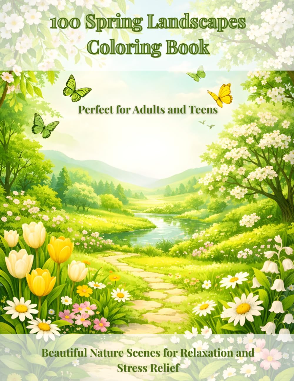 100 Spring Landscapes Coloring Book: Beautiful Nature Scenes for Relaxation and Stress Relief | Flowers, Gardens, Rivers and Peaceful Countryside