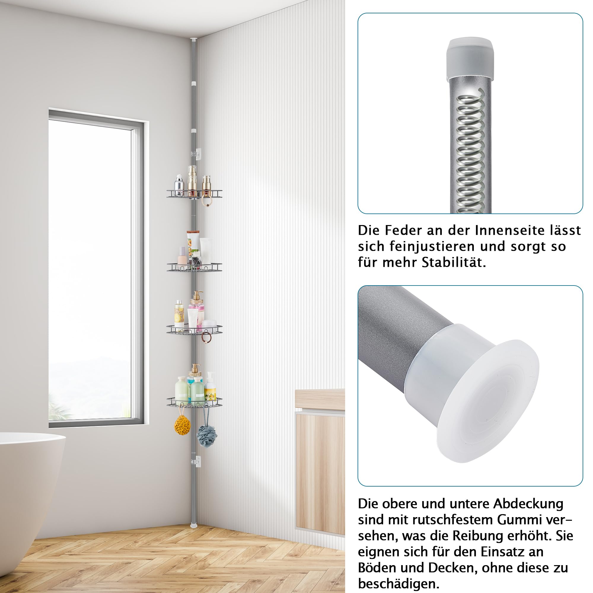 Duschablage ohne Bohren Edelstahl Teleskop Duschregal Duschgel Halterung Eckregal Bad mit 4 Körben, 85-325cm, für Badewanne Badezimmer Dusche und Küche, Grau