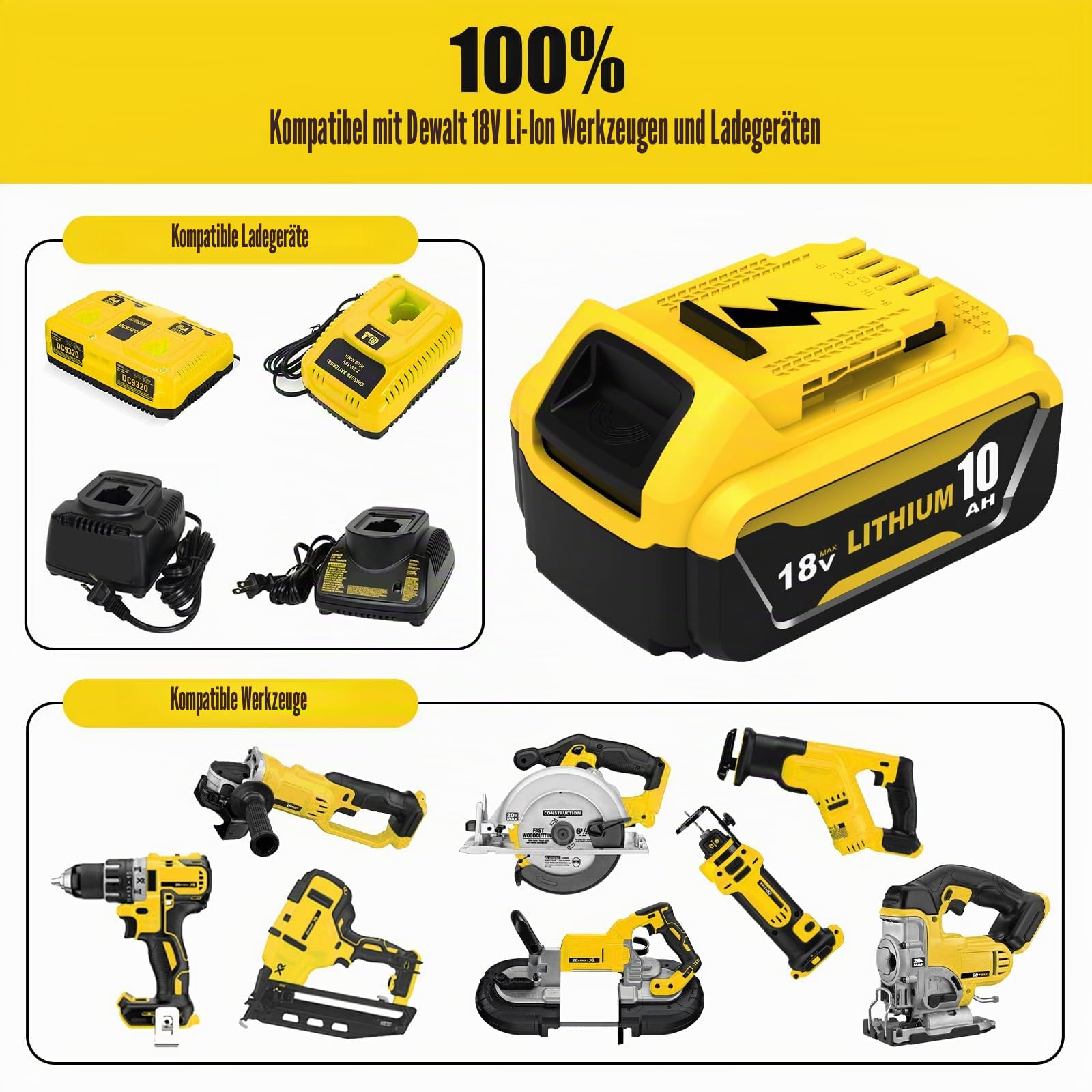 4X für Dewalt Akku 18V 10.0Ah DCB184 DCB181 DCB180 DCB184 DCB182 DCB201 DCB200 für Dewalt Akku 18V 10.0Ah (schwarz gelb)