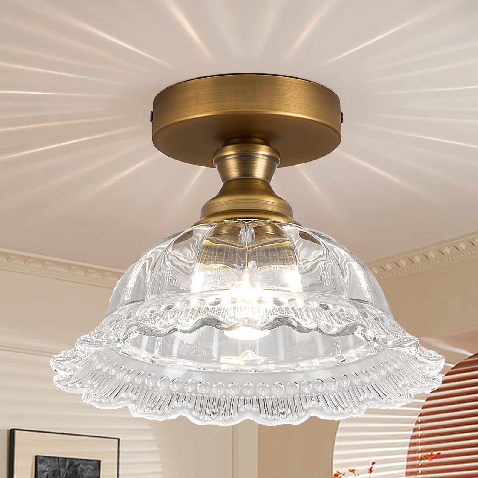 CHILDHOOD 9.8" Semi Flush Mount Ceiling Light, Brass Glass Vintage Lamp Shad, Suitable for Bedrooms, Dining Rooms, Kitchens, Corridors (H087-T)