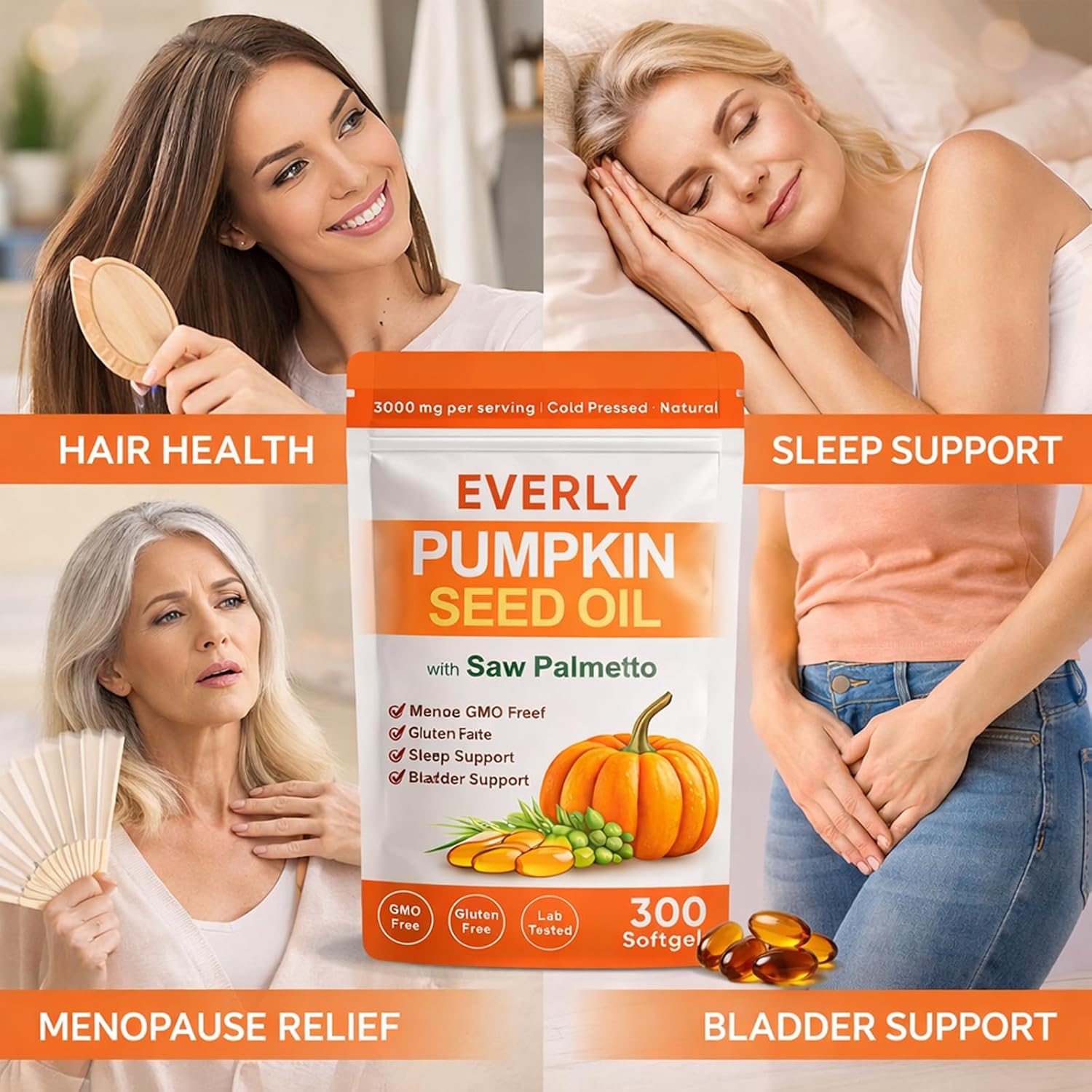Everly Pumpkin Seed Oil with Saw Palmetto, 3000mg per Serving, Cold Pressed Pumpkin Seed Oil, Supports Hair, Non-GMO, 300 Softgels (1PCS)