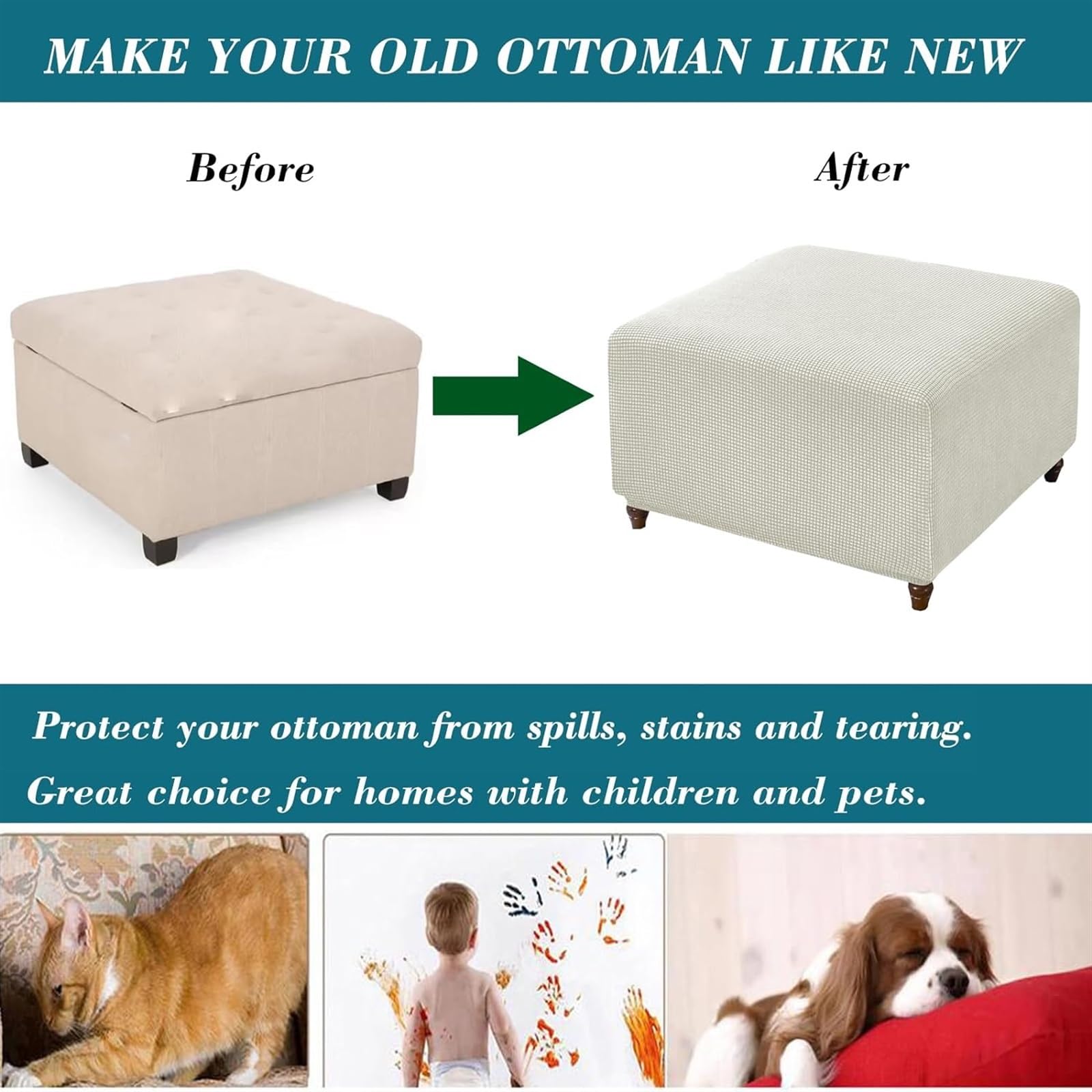 Housse Ottoman Velours Gris - Élastique & Lavable | Protection Anti-Poussière