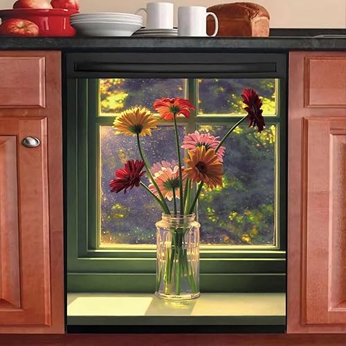 Miniatura 3 de Calcomanías magnéticas de madera rústica para lavavajillas, cubierta de madera vieja para lavavajillas, calcomanía de girasol magnética para la