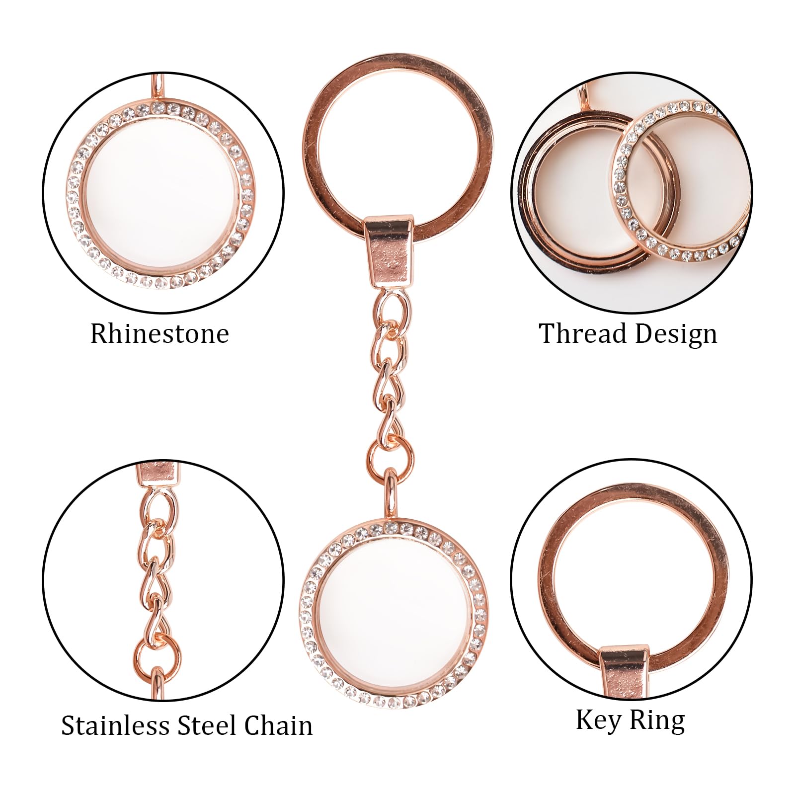 WANDIC 4 Portachiavi Ciondolo Portafoto In Oro Rosa Con Strass - 30mm Per Foto Ricordo