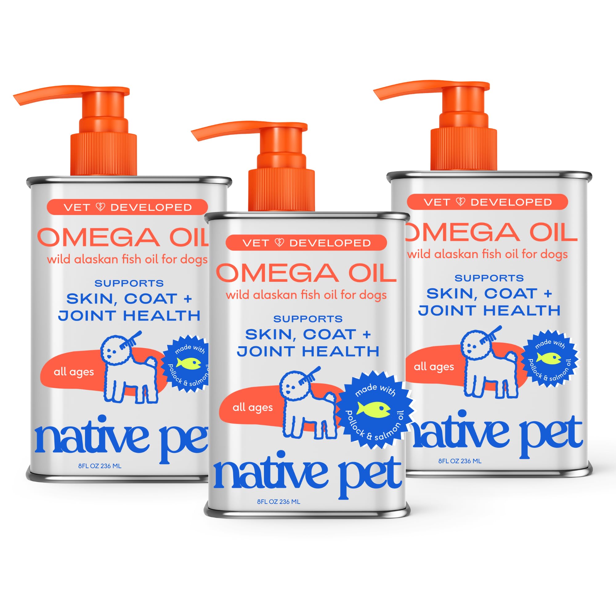 Native Pet Omega 3 Fish Oil for Dogs &amp; Cats – Wild Alaskan Salmon Oil for Dogs Skin and Coat, Supports Joints, Heart &amp; Shedding – Fast-Absorbing Omega 3 6 9 Liquid Supplement – 8oz (Pack of 3)