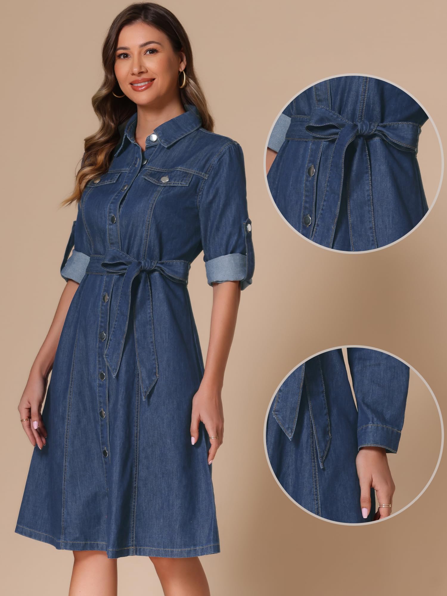 Allegra K Abito Camicia in Denim da Donna Abbottonato Manica Lunga con Cintura Classico Abito in Jeans