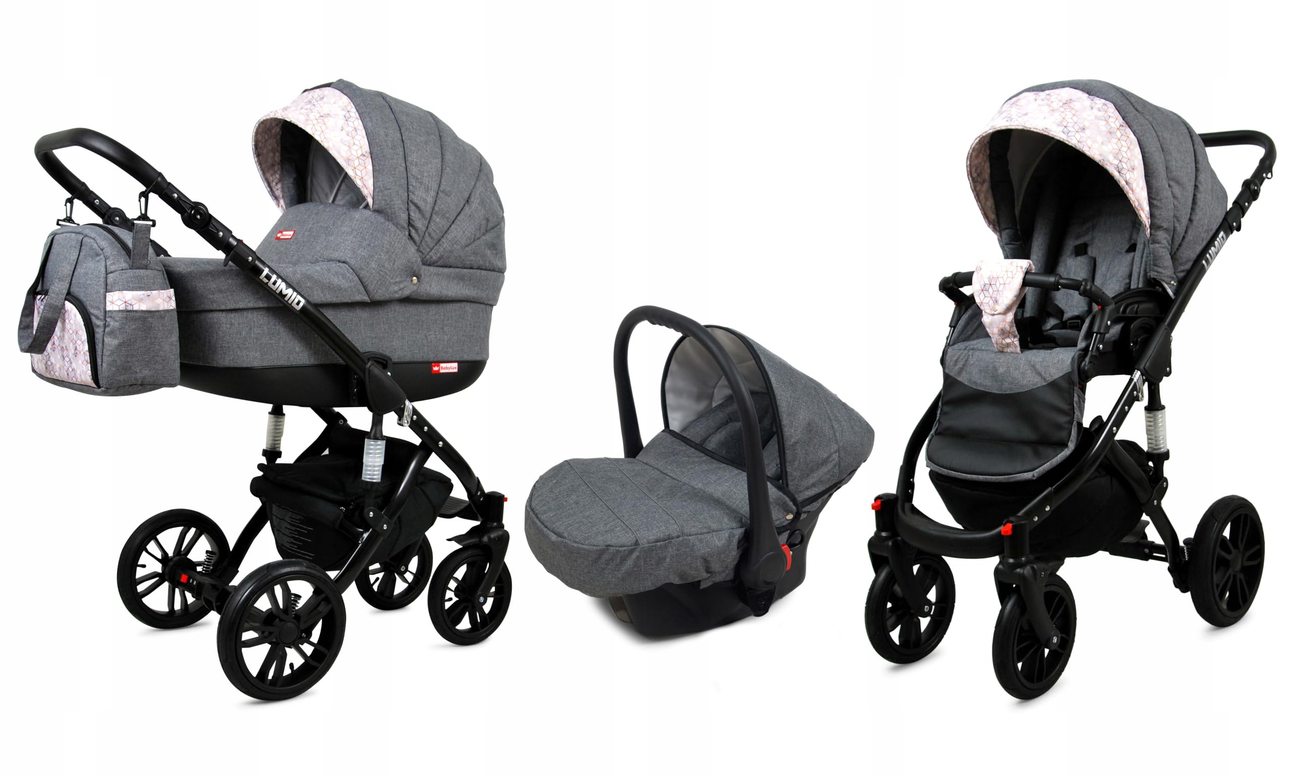 BabyLux® Lumio wózek dziecięcy zestaw 3 w 1 – w zestawie wanienka dla niemowląt, fotelik sportowy, fotelik samochodowy – fotelik samochodowy – zestaw wózków dziecięcych – wózek dziecięcy kombi z torbą