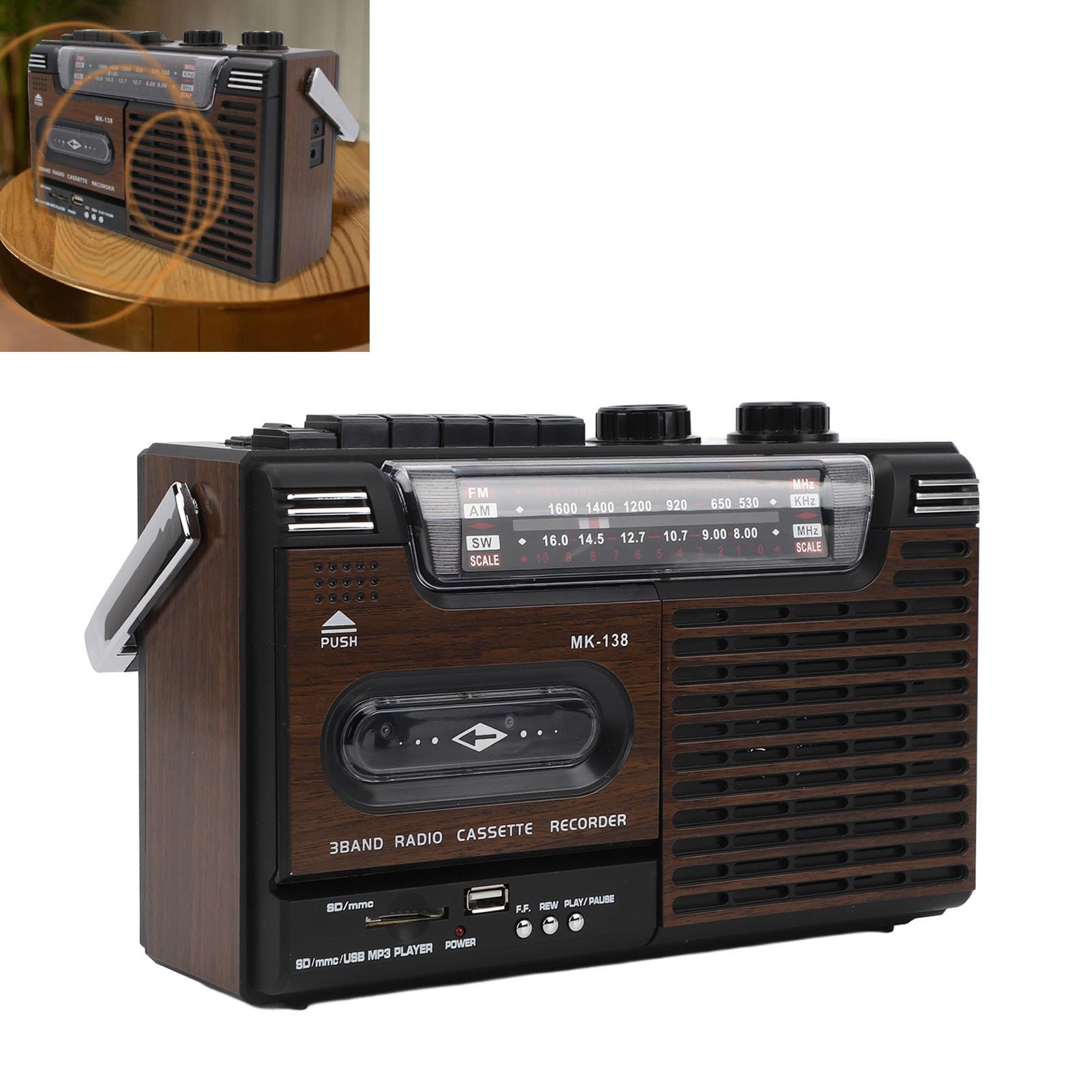 Cuifati Przenośny Odtwarzacz Kasetowy, 4-pasmowe Radio AM SW FM w Stylu Retro z Gniazdem na kartę Pamięci USB i Gniazdem Słuchawkowym, do Użytku Domowego w Samochodzie Efekt Bliskiego (wtyczka UE)