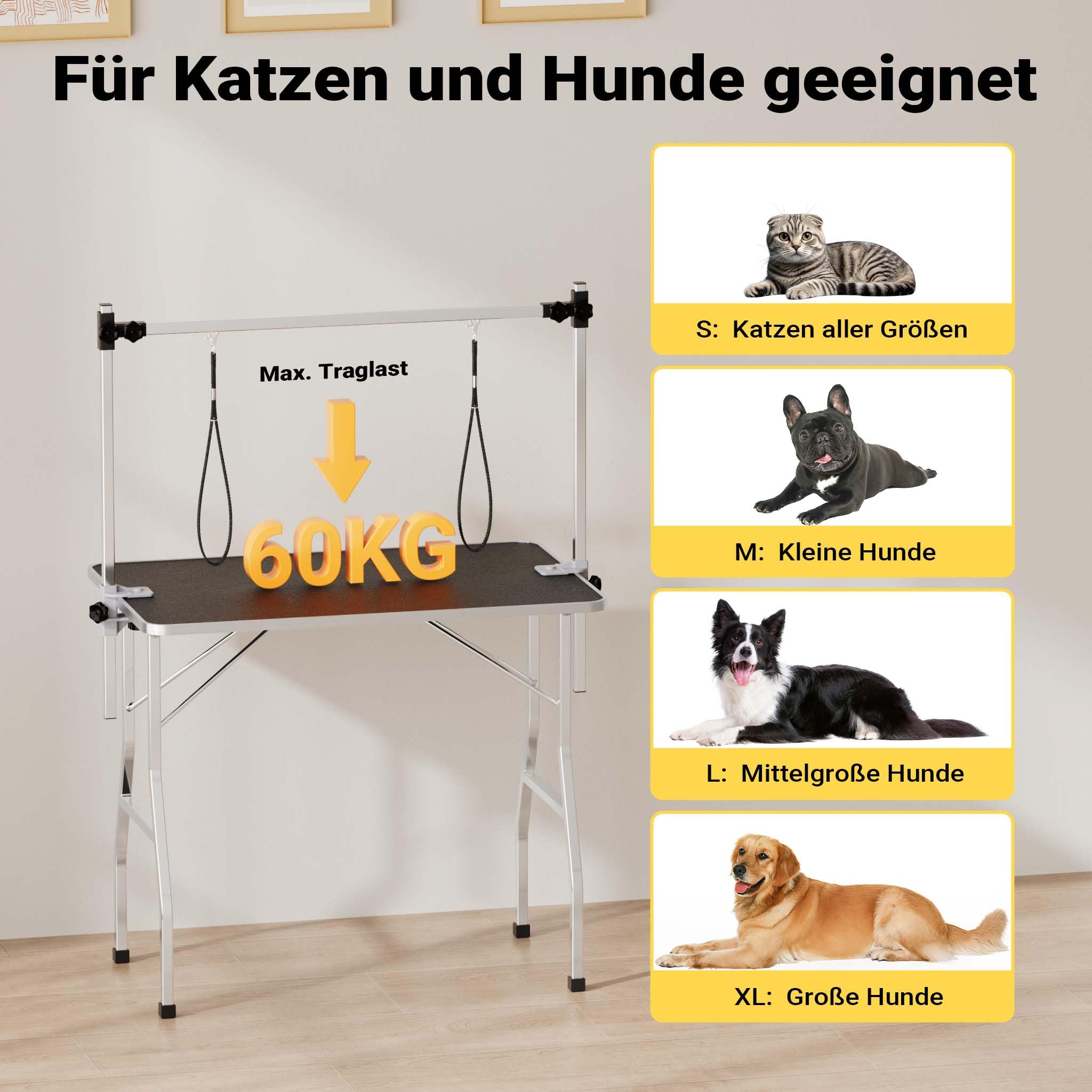 Wiltec Schertisch für Hund und Katze, 91x61x76 cm, Trimmtisch zusammenklappbar, Groomer Tisch mit 2 Schlingen, Pflegetisch für Tiere