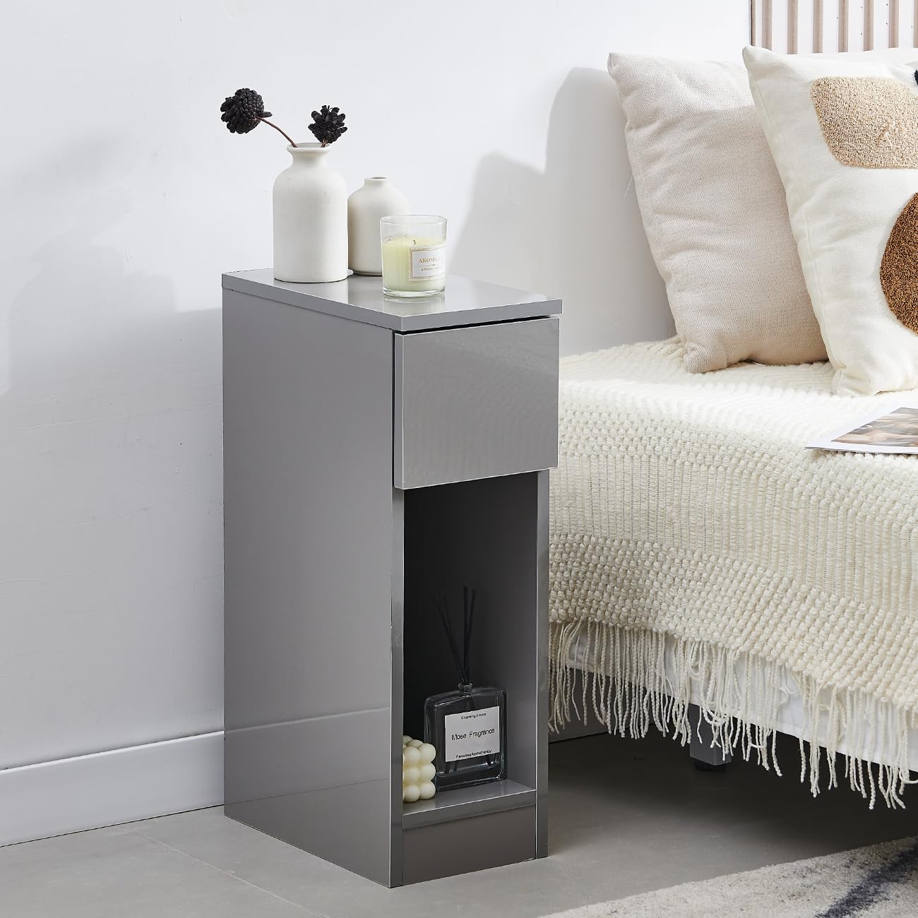 Menaka 20CM Narrow Bedside Table Cabinet with Charging Station, Slim Side Table Bed Side Nightstand with USB Ports & Power Sockets for Bedroom Living Room (grey high gloss drawer, no charging) — image 1