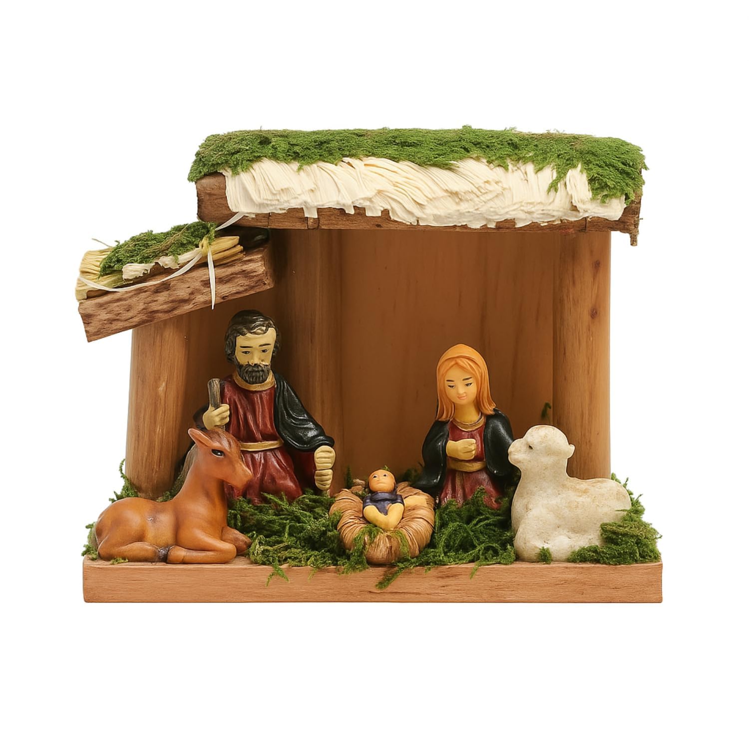 Salvus APP SOLUTIONS Handmade Wood Hut Nativity Set with Marble Powder Mary, Joseph, Baby Jesus, Lamb and Horse/Crib Set, Christmas Decor- 12.5 x 5.5 x 9.5 cm