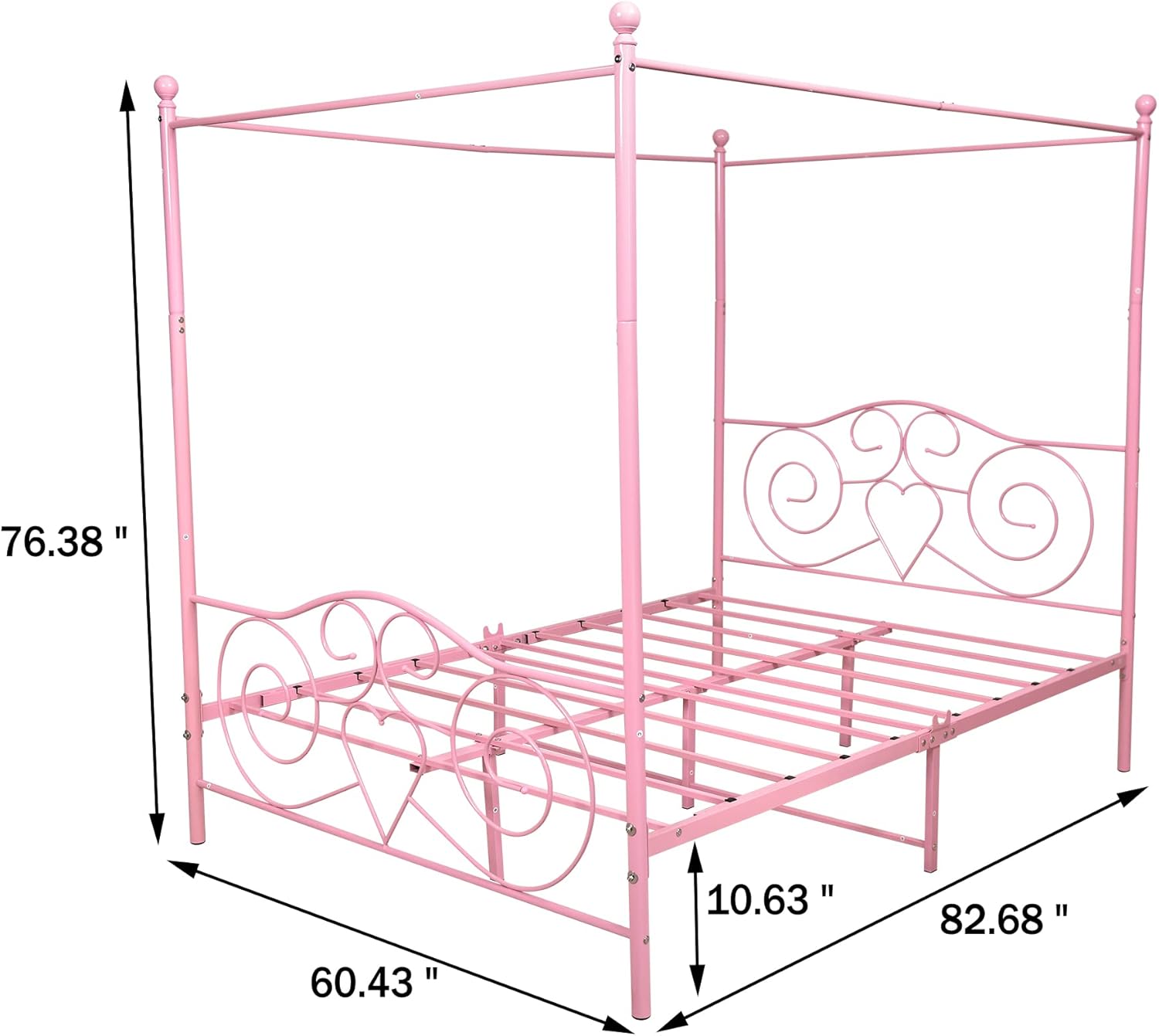 Diagram showing dimensions of the Pink Queen Canopy Bed Frame