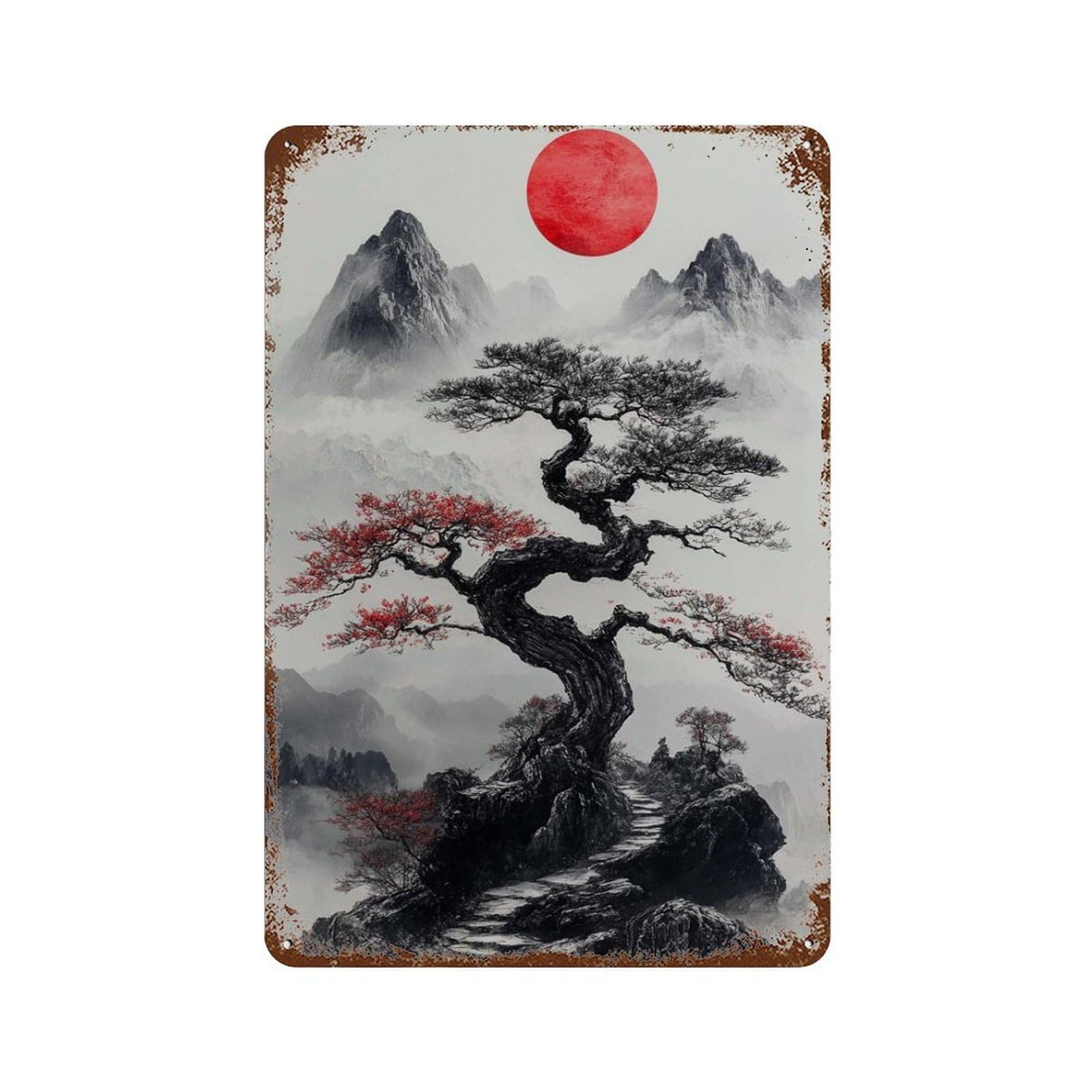 xiaoxiaoshen Japanese Bonsai Tree Red Sun Asian Mountain Minimal Zen Nature Vertical Ink Styl Wall Decor Art Metal Tin Poster Modern Home Decor Art Home Bar Shop Decorations Vintage Sign 30x20cm