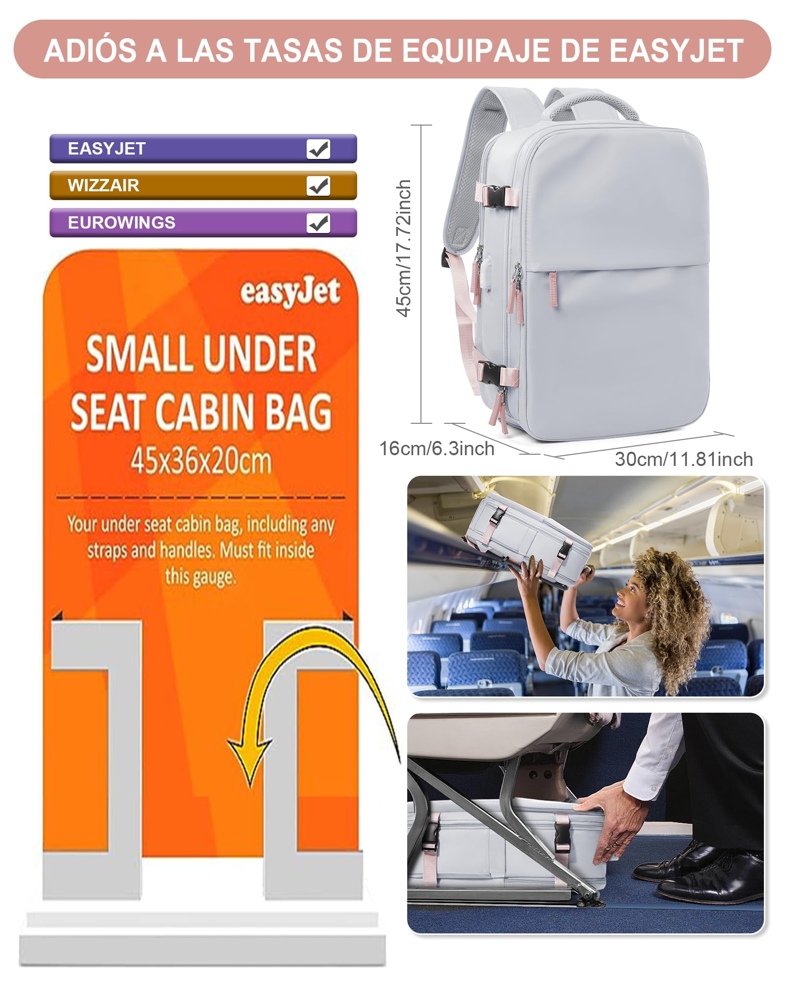 suradar Mochila al Vacío, Mochila Viaje Vacio con Bomba Travel Backpack Bolsa de Cabina Avion 45x36x20 para EasyJet Equipaje de Mano con Sistema Compresion para Hombre y Mujer Gris