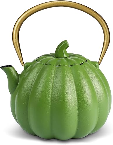 Tetera de hierro fundido de calabaza (40 oz40.6 fl oz), forma de calabaza natural, resistente hervidor de té de hierro apto para estufa, tetera con