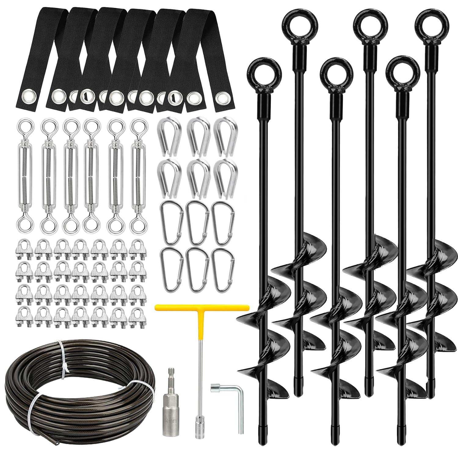 Robuste Baumstützpfähle-Set zum Anlehnen von Bäumen, 45,7 cm Spiralbodenanker mit Gurten und Spannschlössern und PVC-beschichtetem Drahtseil, rostfreie Stahl-Baumpfähle zum Glätten und Stabilisieren