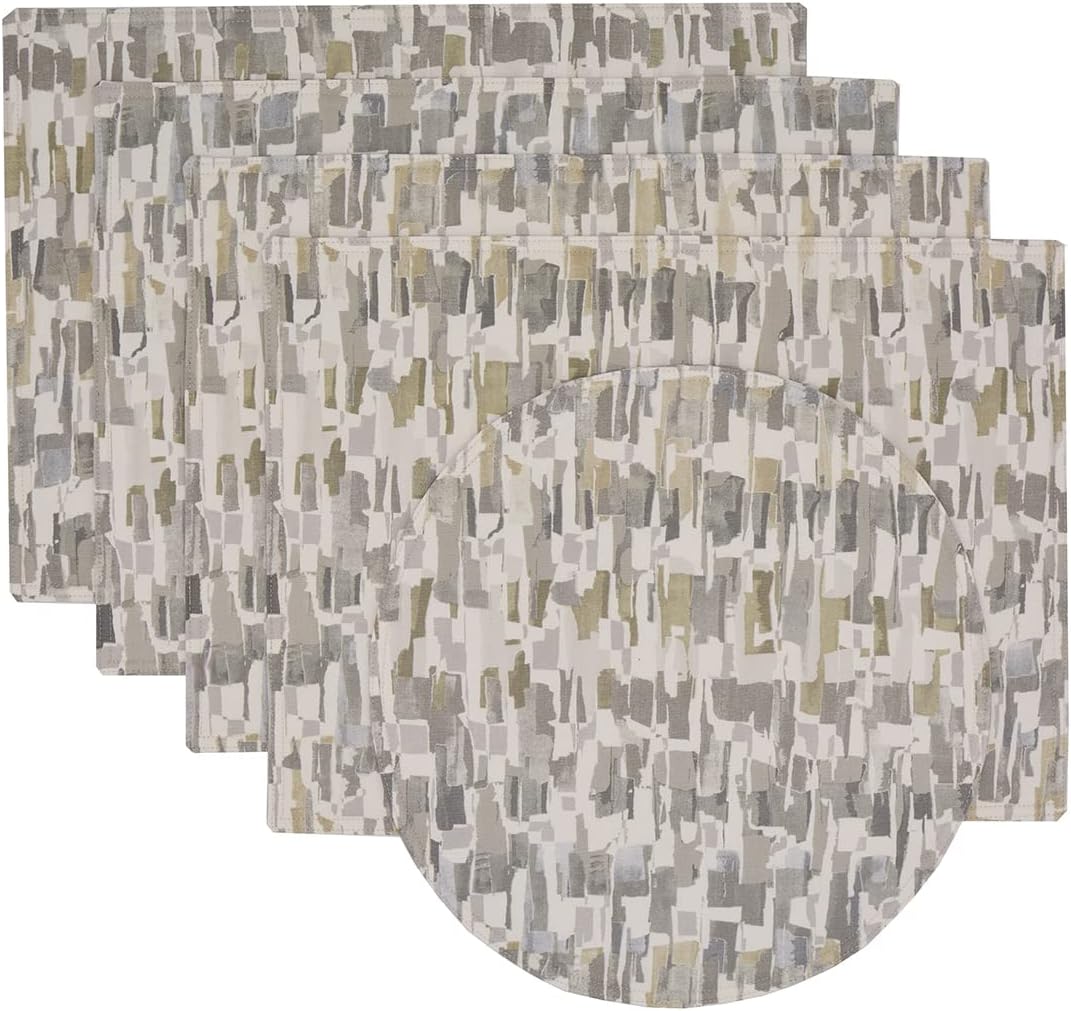 Sweet Pea Linens Britto Moonstone Grey Print Wedge-Shaped Placemats - Set of Four Plus Center Round-Charger