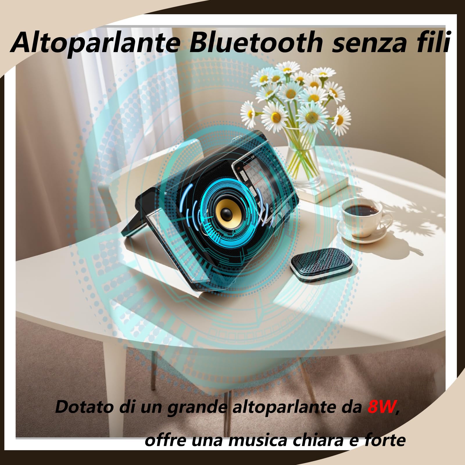 Radio Portatile con Pannello Solare e Batteria 1200mAh, Ricevitore AM/FM/SW1-6 con Altoparlante 8W/TWS/USB/TF, Torcia, Radio Bluetooth Ricaricabile per Camping, Emergenze, Esterno