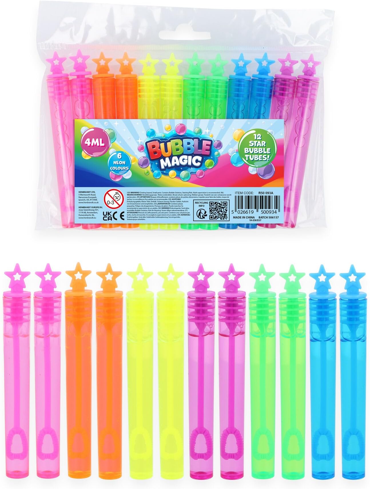 HENBRANDT 12 Neon Star Party Bubble Tubes with Wand (Pack of 12) Children's 4ml Party Bubbles Loot Bag Fillers Summer Games for Boys and Girls Kids Party Bags